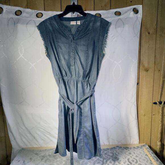 Chico's Dresses & Skirts - Chico's Blue Denim Fringe Dress Medium Wash SZ 0 EUC Belt A-line Short